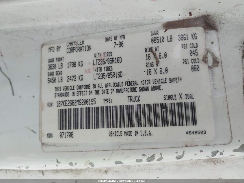 1991 Dodge D-Series D200/D250 VIN: 1B7KE2682MS200195 Lot: 42944467