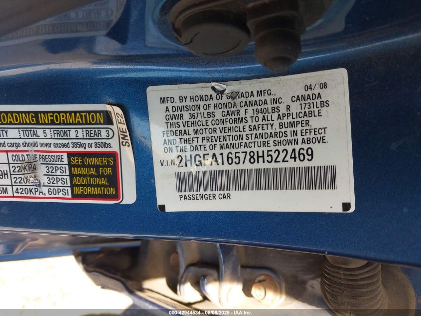 2008 Honda Civic Lx VIN: 2HGFA16578H522469 Lot: 42944534