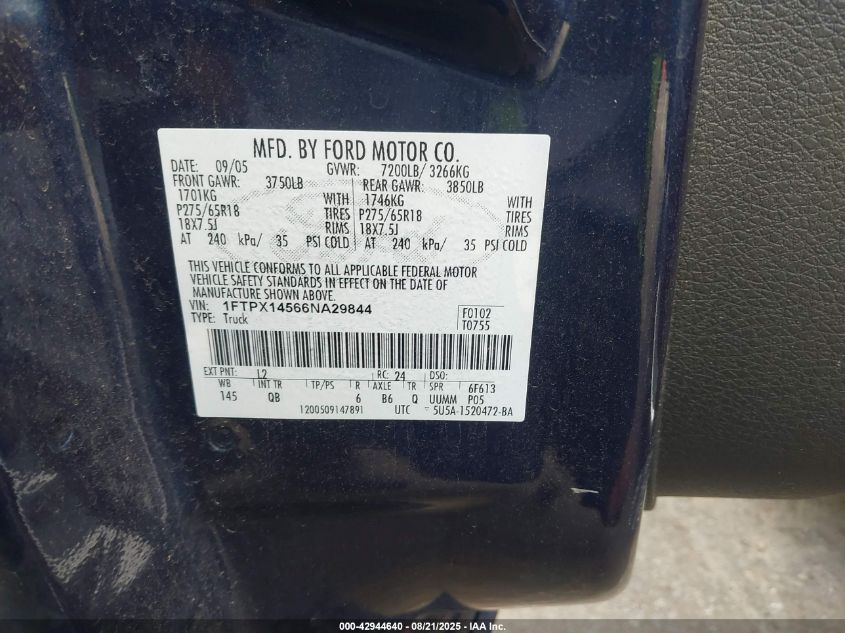 2006 Ford F-150 Fx4/Lariat/Xl/Xlt VIN: 1FTPX14566NA29844 Lot: 42944640