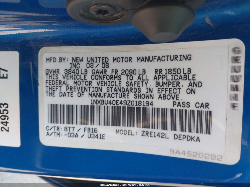 2009 Toyota Corolla Le VIN: 1NXBU40E49Z018194 Lot: 42944649