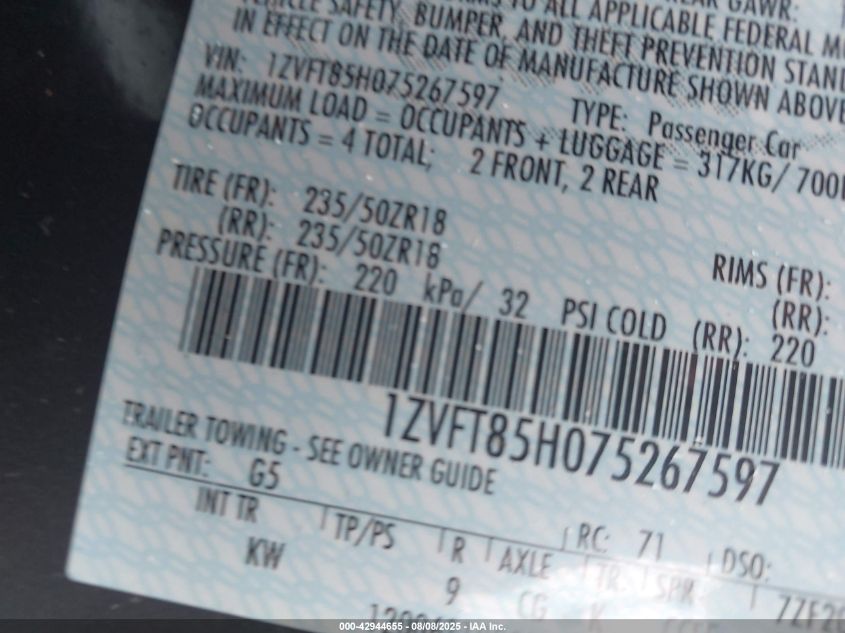 2007 Ford Mustang Gt Deluxe/Gt Premium VIN: 1ZVFT85H075267597 Lot: 42944655