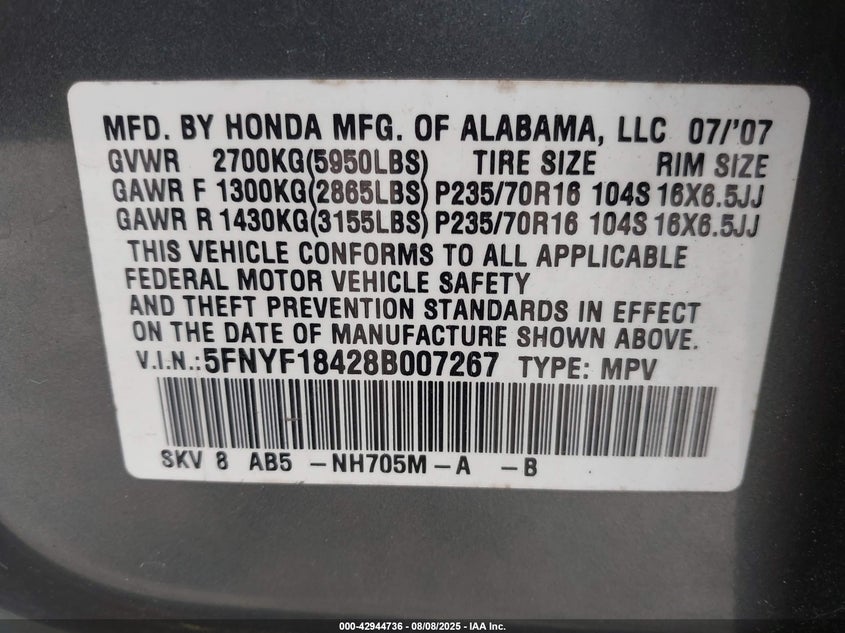 2008 Honda Pilot Ex VIN: 5FNYF18428B007267 Lot: 42944736