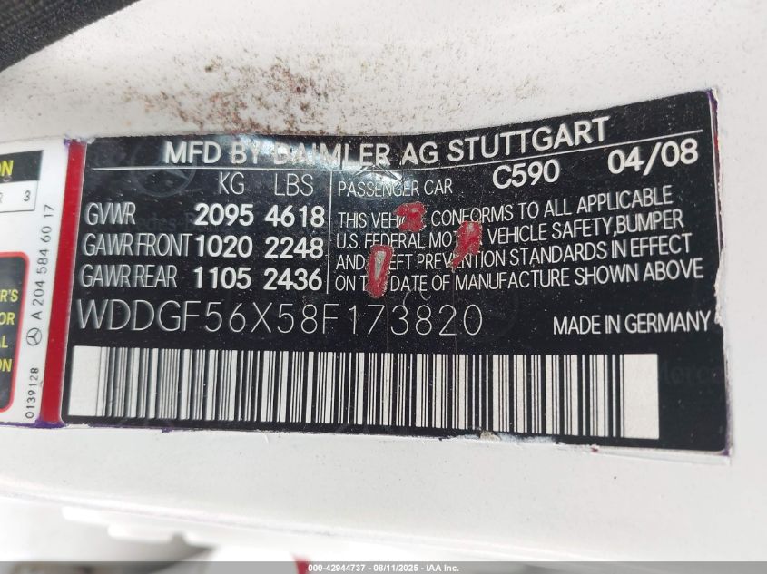2008 Mercedes-Benz C 350 Sport VIN: WDDGF56X58F173820 Lot: 42944737