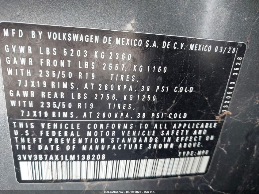 2020 Volkswagen Tiguan 2.0T Se/2.0T Se R-Line Black/2.0T Sel VIN: 3VV3B7AX1LM138208 Lot: 42944742