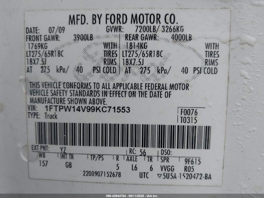 2009 Ford F-150 Fx4/King Ranch/Lariat/Platinum/Xl/Xlt VIN: 1FTPW14V99KC71553 Lot: 42944784