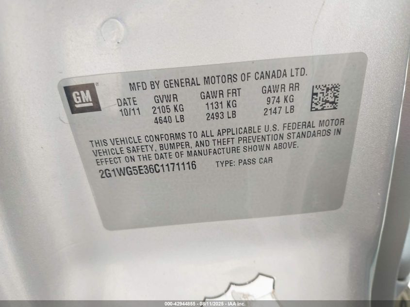 2012 Chevrolet Impala Lt VIN: 2G1WG5E36C1171116 Lot: 42944855