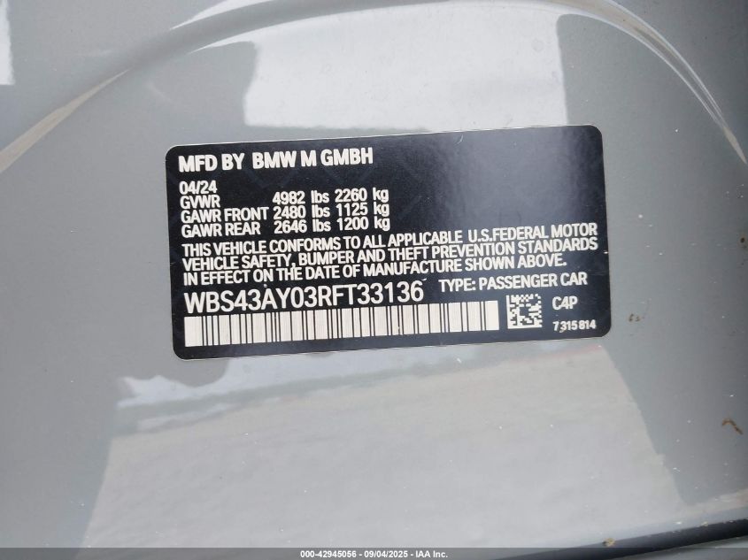 2024 BMW M3 Competition xDrive VIN: WBS43AY03RFT33136 Lot: 42945056