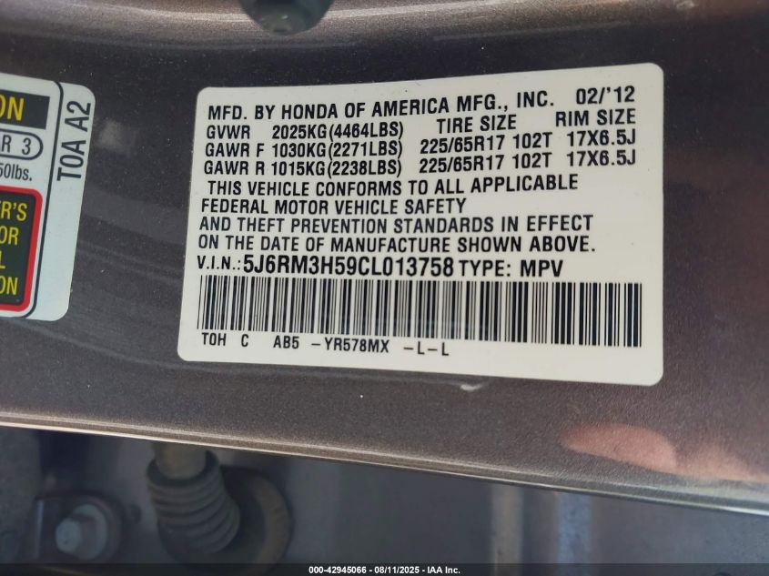 2012 Honda Cr-V Ex VIN: 5J6RM3H59CL013758 Lot: 42945066