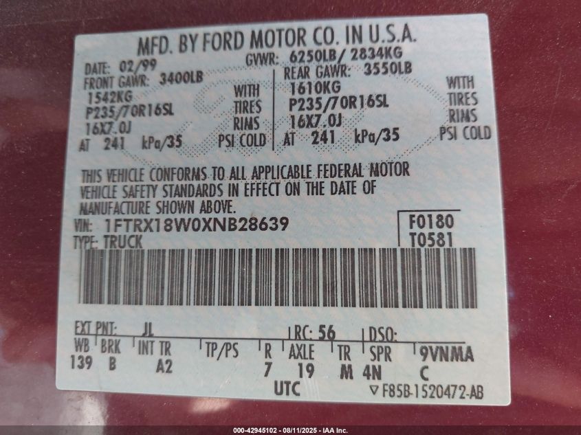 1999 Ford F-150 Lariat/Work Series/Xl/Xlt VIN: 1FTRX18W0XNB28639 Lot: 42945102