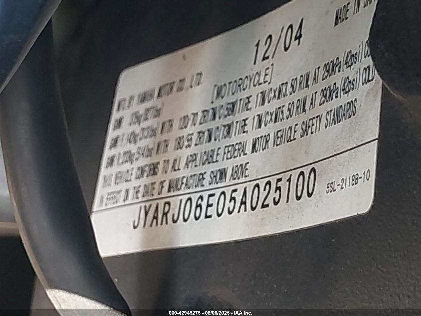 2005 Yamaha Yzfr6 L VIN: JYARJ06E05A025100 Lot: 42945275