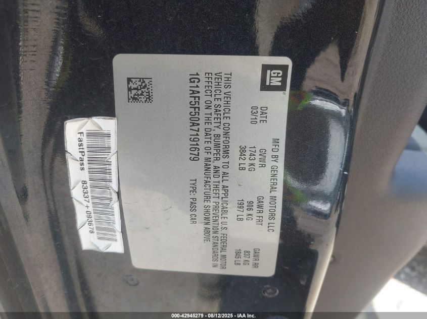 2010 Chevrolet Cobalt Lt VIN: 1G1AF5F50A7191679 Lot: 42945279