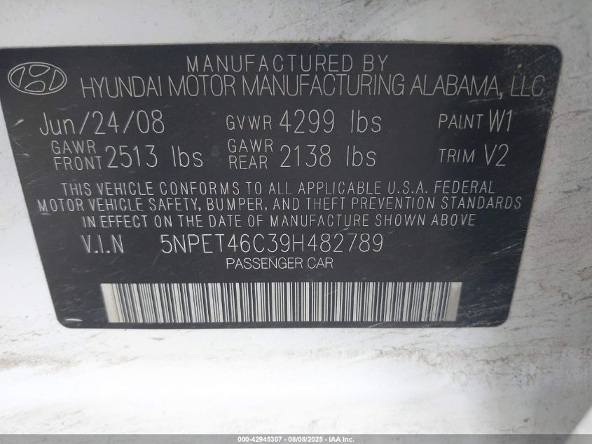 2009 Hyundai Sonata Gls VIN: 5NPET46C39H482789 Lot: 42945307