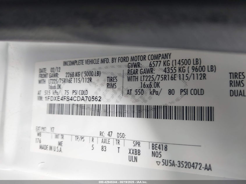 2012 Ford E-450 Cutaway VIN: 1FDXE4FS4CDA70562 Lot: 42945344