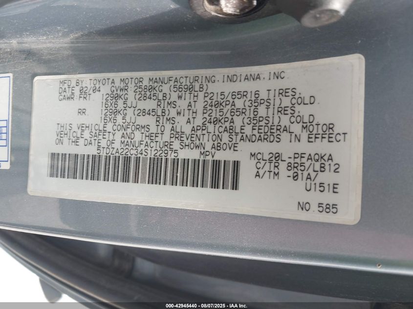 2004 Toyota Sienna Xle/Xle Limited VIN: 5TDZA22C34S122975 Lot: 42945440