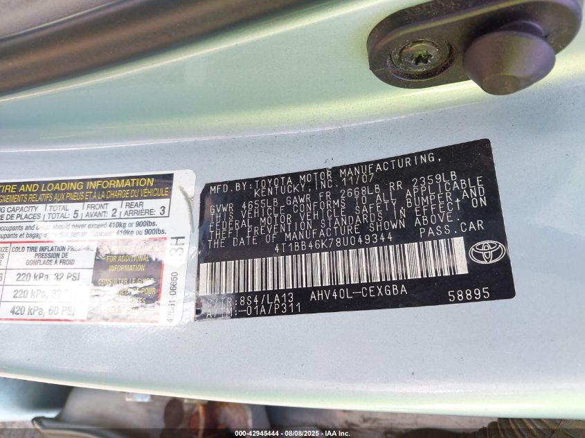 2008 Toyota Camry Hybrid VIN: 4T1BB46K78U049344 Lot: 42945444