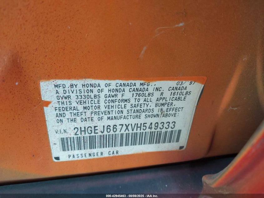 1997 Honda Civic Lx VIN: 2HGEJ667XVH549333 Lot: 42945463