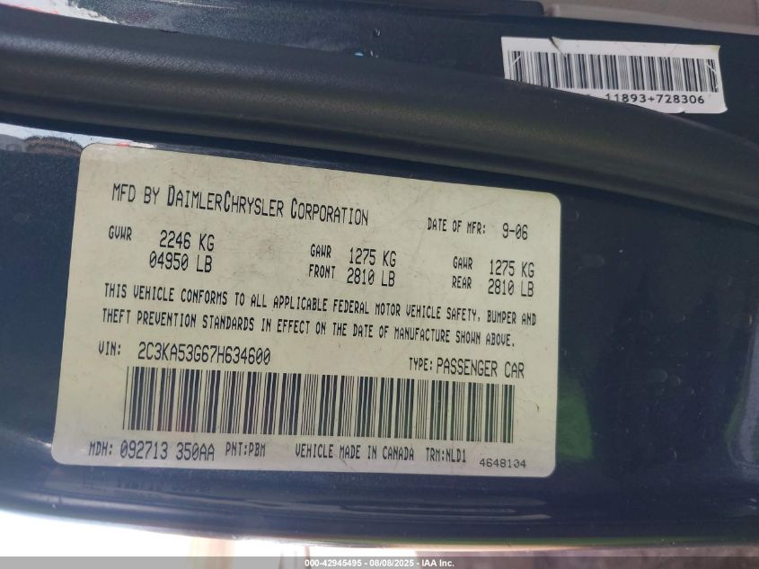 2007 Chrysler 300 Touring VIN: 2C3KA53G67H634600 Lot: 42945495