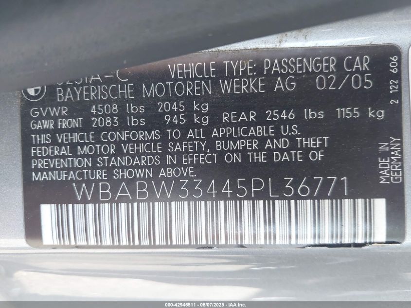 2005 BMW 325Ci VIN: WBABW33445PL36771 Lot: 42945511