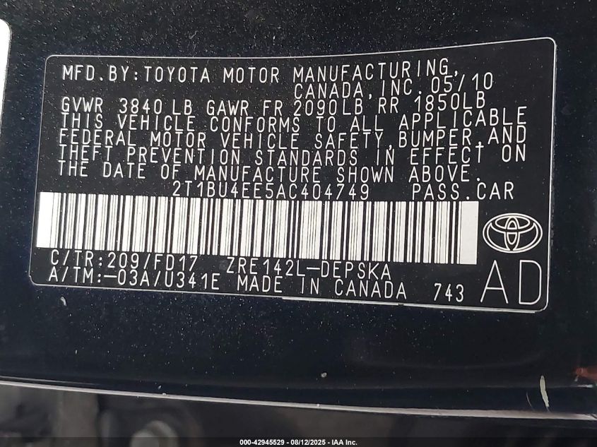 2010 Toyota Corolla S VIN: 2T1BU4EE5AC404749 Lot: 42945529