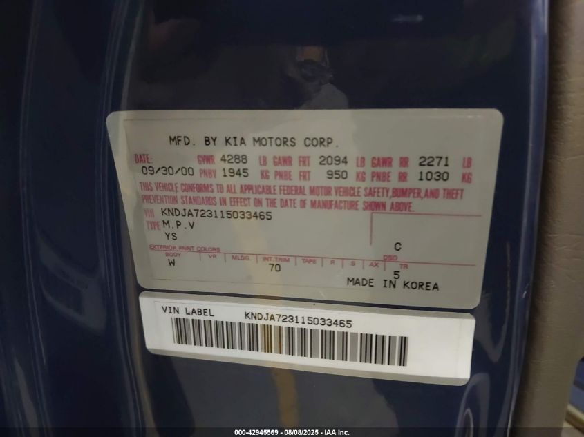 2001 Kia Sportage Ex/Limited VIN: KNDJA723115033465 Lot: 42945569