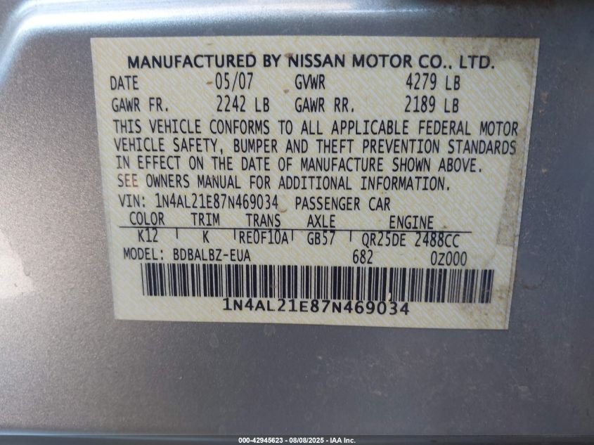 2007 Nissan Altima 2.5 S VIN: 1N4AL21E87N469034 Lot: 42945623