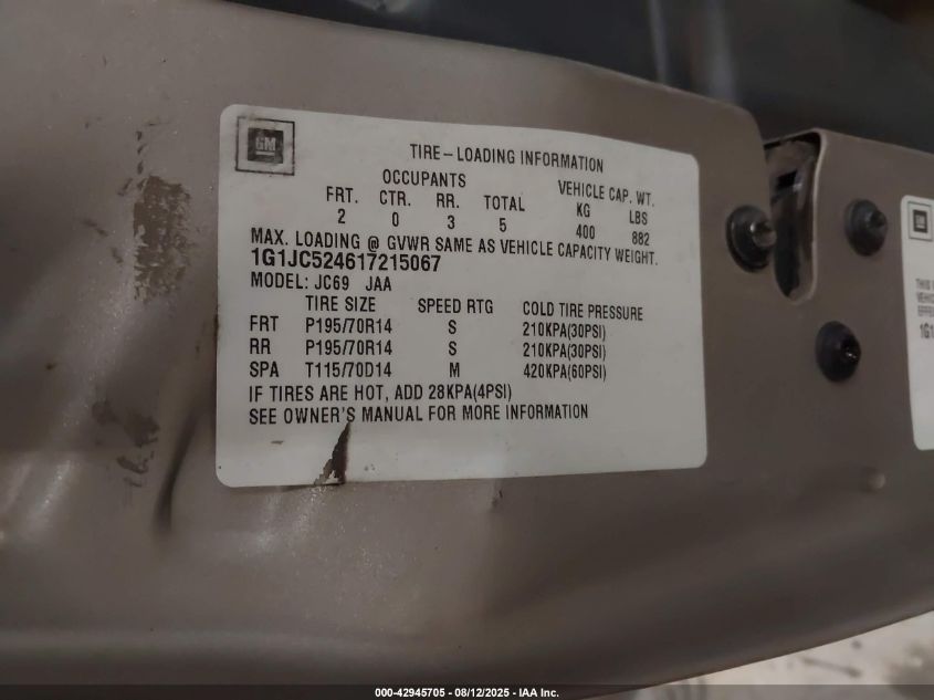 2001 Chevrolet Cavalier VIN: 1G1JC524617215067 Lot: 42945705