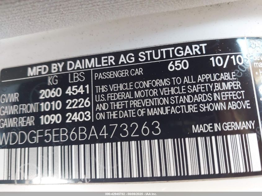 2011 Mercedes-Benz C 300 Sport VIN: WDDGF5EB6BA473263 Lot: 42945782