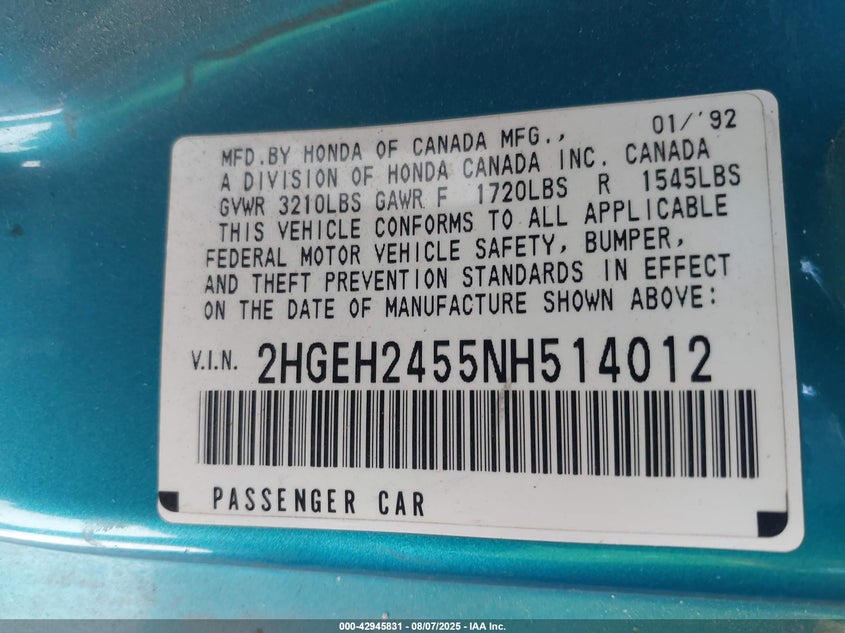 1992 Honda Civic Dx VIN: 2HGEH2455NH514012 Lot: 42945831