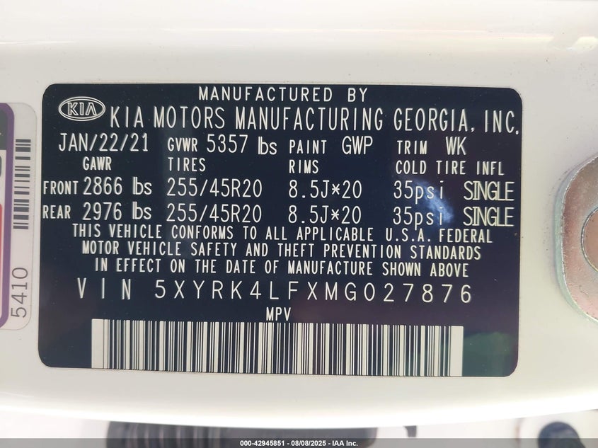 2021 Kia Sorento Sx VIN: 5XYRK4LFXMG027876 Lot: 42945851