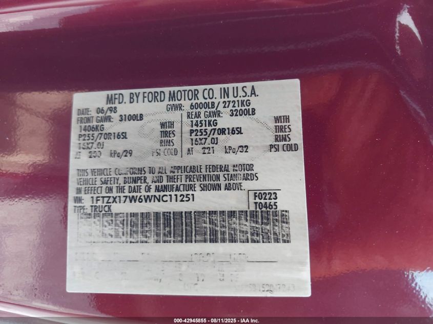 1998 Ford F-150 Lariat/Standard/Xl/Xlt VIN: 1FTZX17W6WNC11251 Lot: 42945855