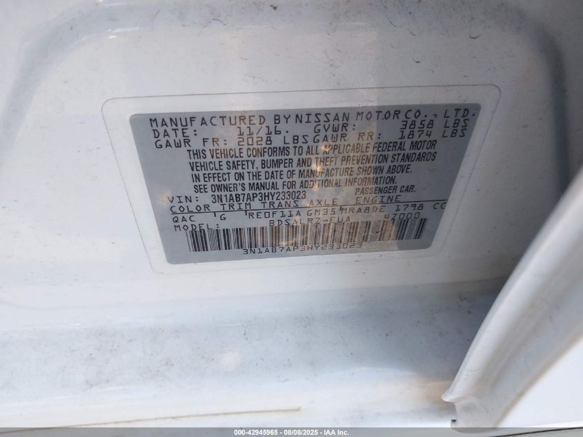 2017 Nissan Sentra Sr VIN: 3N1AB7AP3HY233023 Lot: 42945965