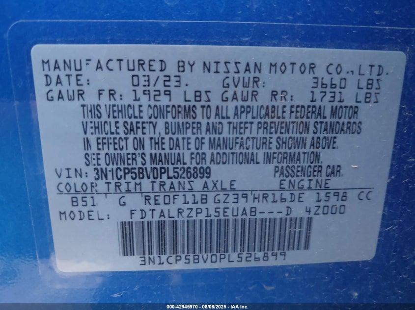 2023 Nissan Kicks S Xtronic Cvt VIN: 3N1CP5BV0PL526899 Lot: 42945970
