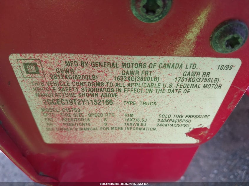 2000 Chevrolet Silverado 1500 Ls VIN: 2GCEC19T2Y1152166 Lot: 42946003