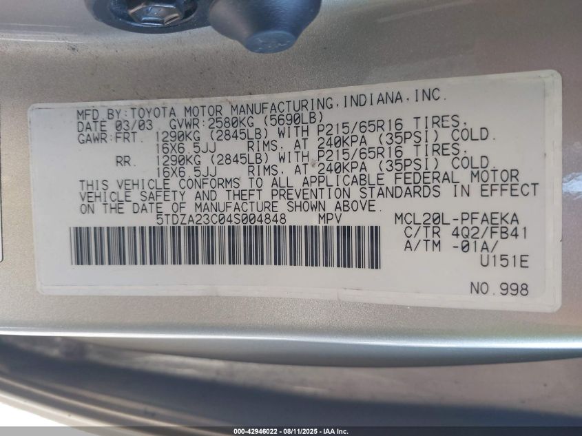 2004 Toyota Sienna Le VIN: 5TDZA23C04S004848 Lot: 42946022