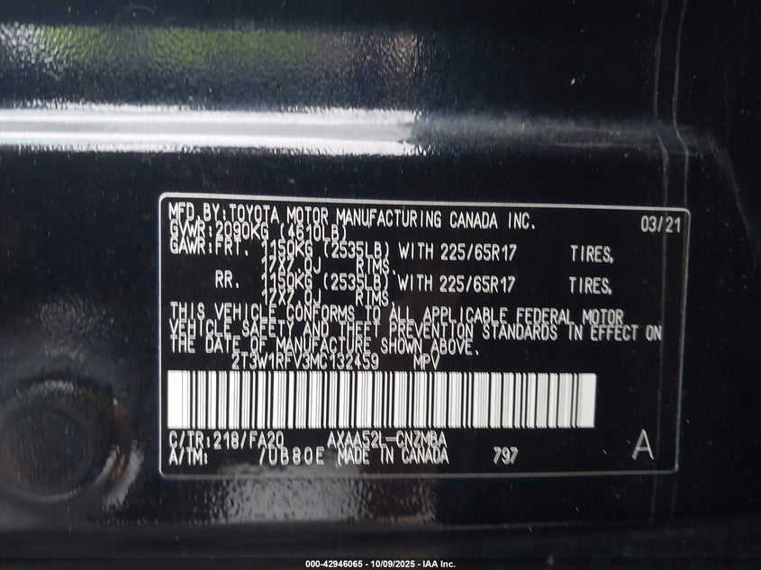 2021 Toyota Rav4 Xle VIN: 2T3W1RFV3MC132459 Lot: 42946065