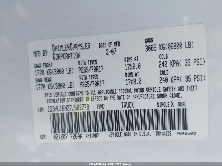 2007 Dodge Ram 1500 Slt VIN: 1D3HU18N37J582779 Lot: 42946144