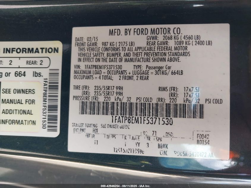 2015 Ford Mustang V6 VIN: 1FATP8EM1F5371530 Lot: 42946254