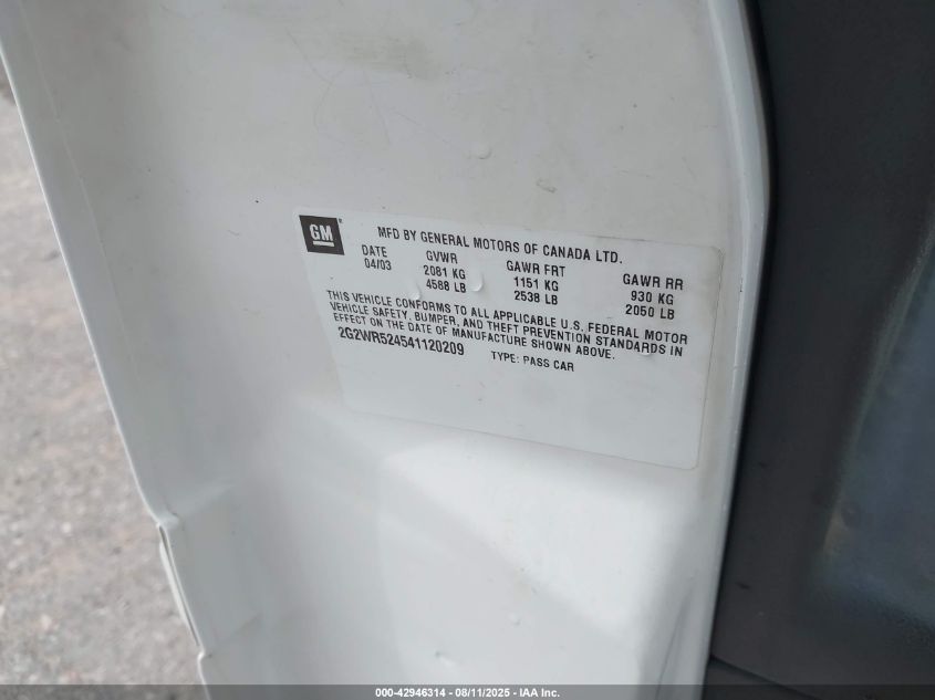 2004 Pontiac Grand Prix Gtp VIN: 2G2WR524541120209 Lot: 42946314