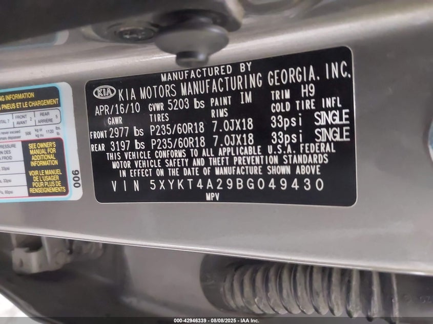 2011 Kia Sorento Lx V6 VIN: 5XYKT4A29BG049430 Lot: 42946339