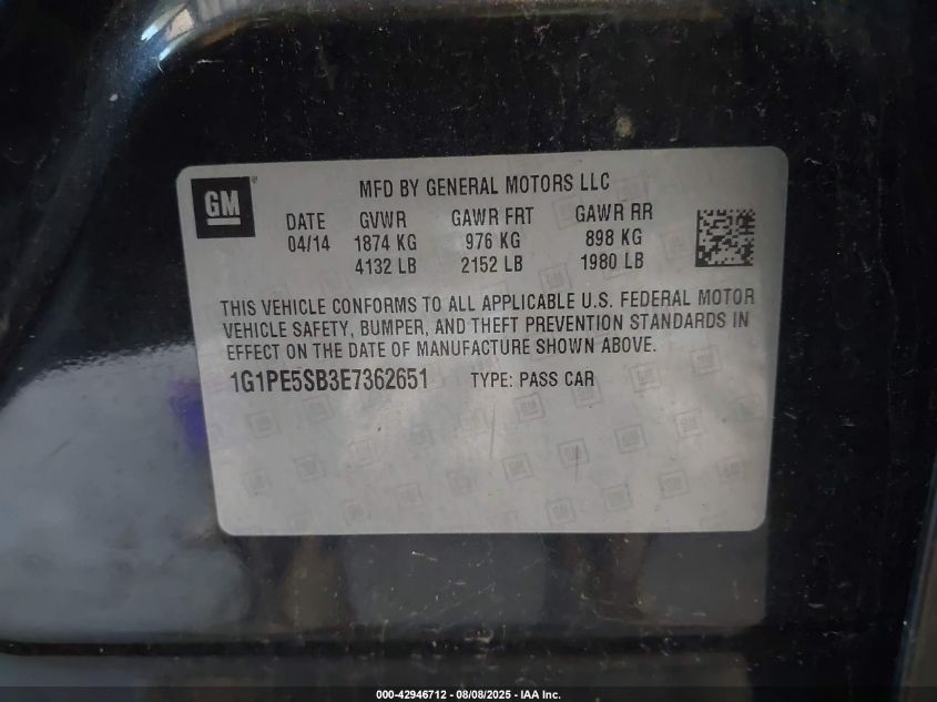 2014 Chevrolet Cruze 2Lt Auto VIN: 1G1PE5SB3E7362651 Lot: 42946712