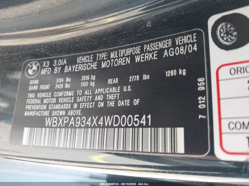 2004 BMW X3 3.0I VIN: WBXPA934X4WD00541 Lot: 42946743