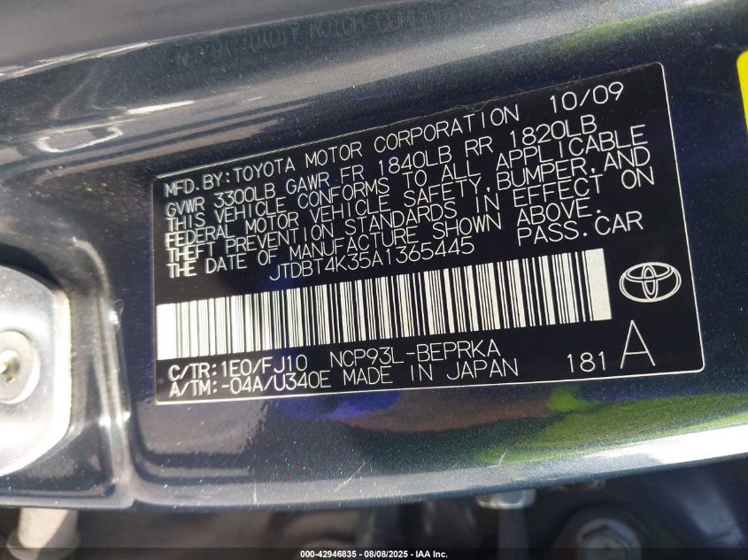 2010 Toyota Yaris VIN: JTDBT4K35A1365445 Lot: 42946835
