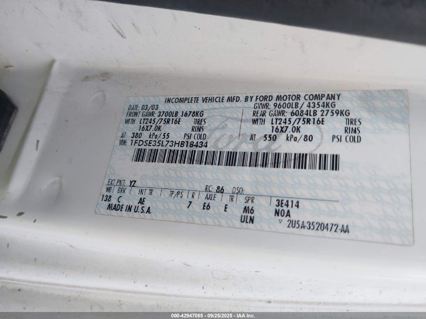 2003 Ford E-350 Cutaway Standard VIN: 1FDSE35L73HB18434 Lot: 42947085