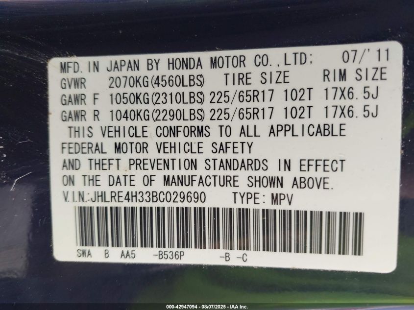 2011 Honda Cr-V Lx VIN: JHLRE4H33BC029690 Lot: 42947094