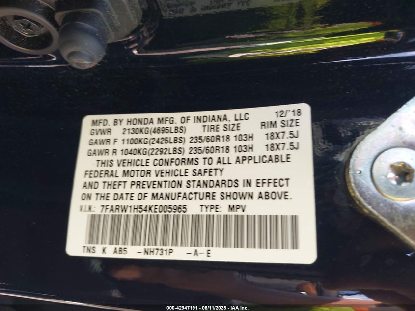 2019 HONDA CR-V EX - 7FARW1H54KE005965