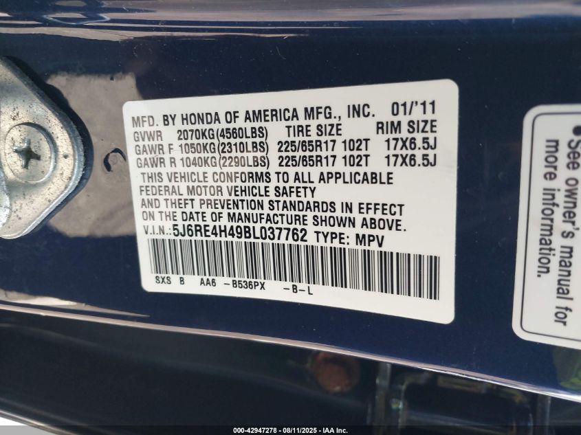 2011 Honda Cr-V Se VIN: 5J6RE4H49BL037762 Lot: 42947278