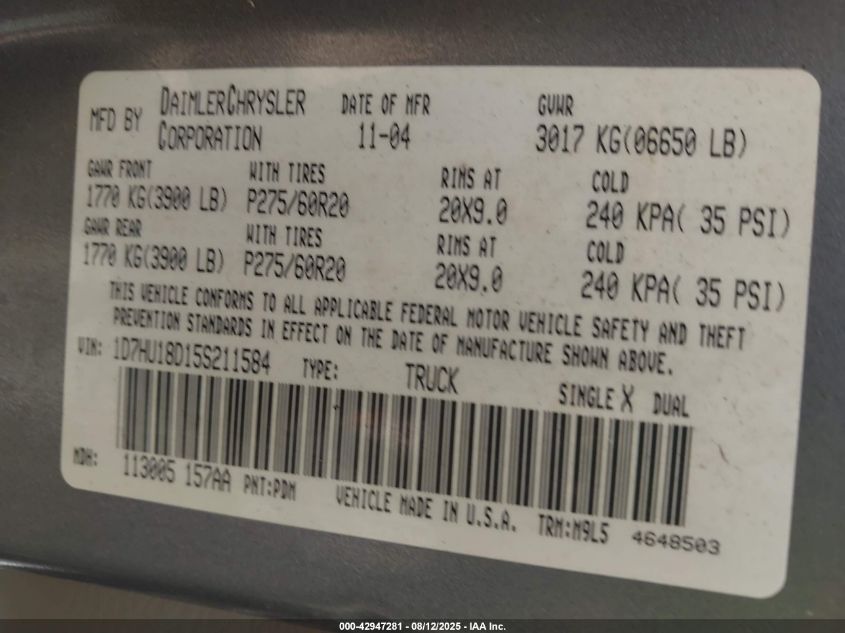 2005 Dodge Ram 1500 Slt/Laramie VIN: 1D7HU18D15S211584 Lot: 42947281