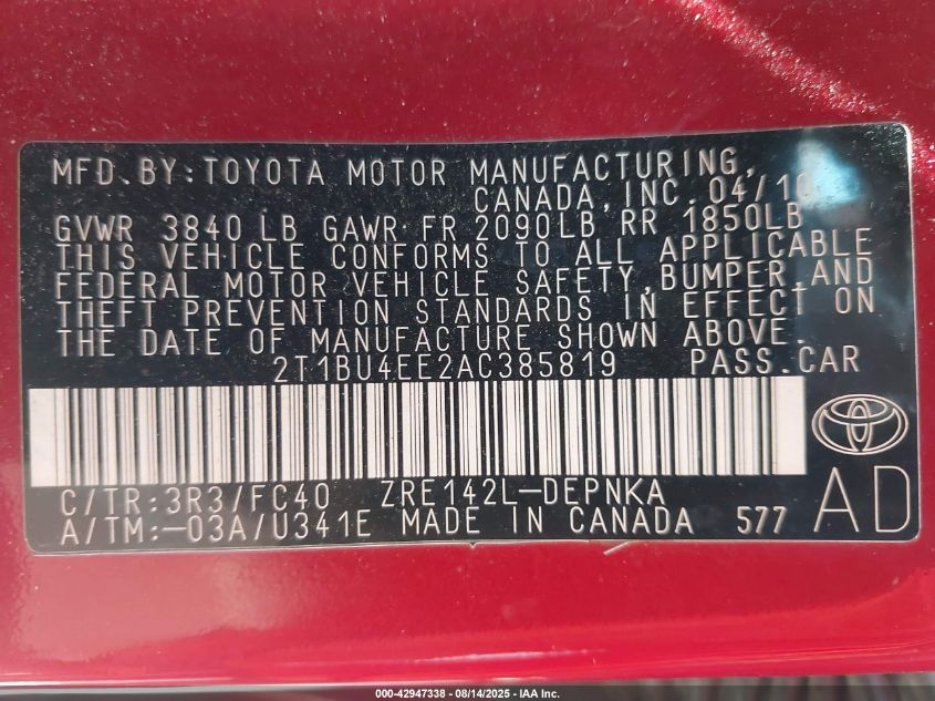 2010 Toyota Corolla Xle VIN: 2T1BU4EE2AC385819 Lot: 42947338