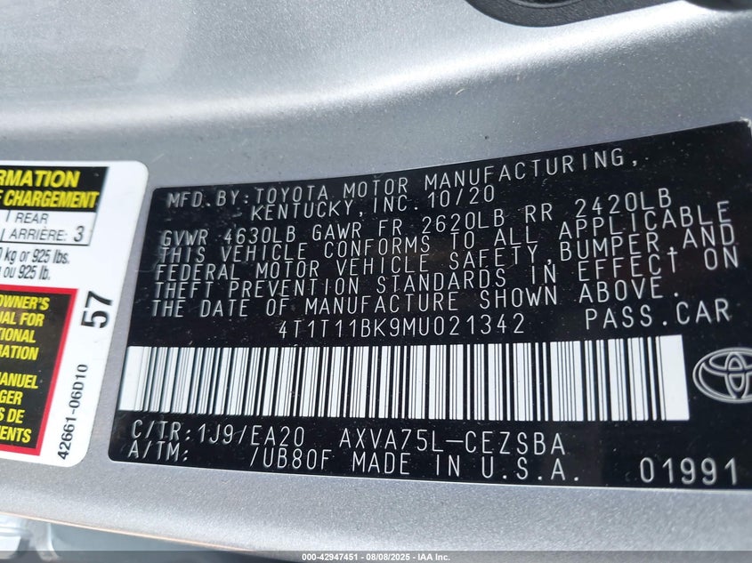 2021 Toyota Camry Se Awd VIN: 4T1T11BK9MU021342 Lot: 42947451