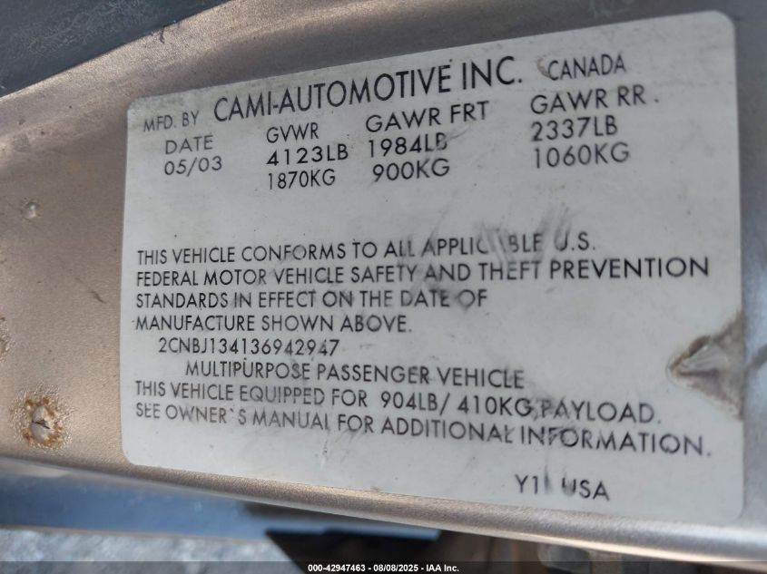 2003 Chevrolet Tracker Hard Top Base VIN: 2CNBJ134136942947 Lot: 42947463